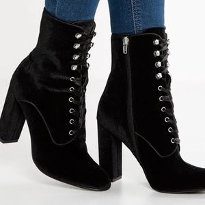 Black velvet lace up booties